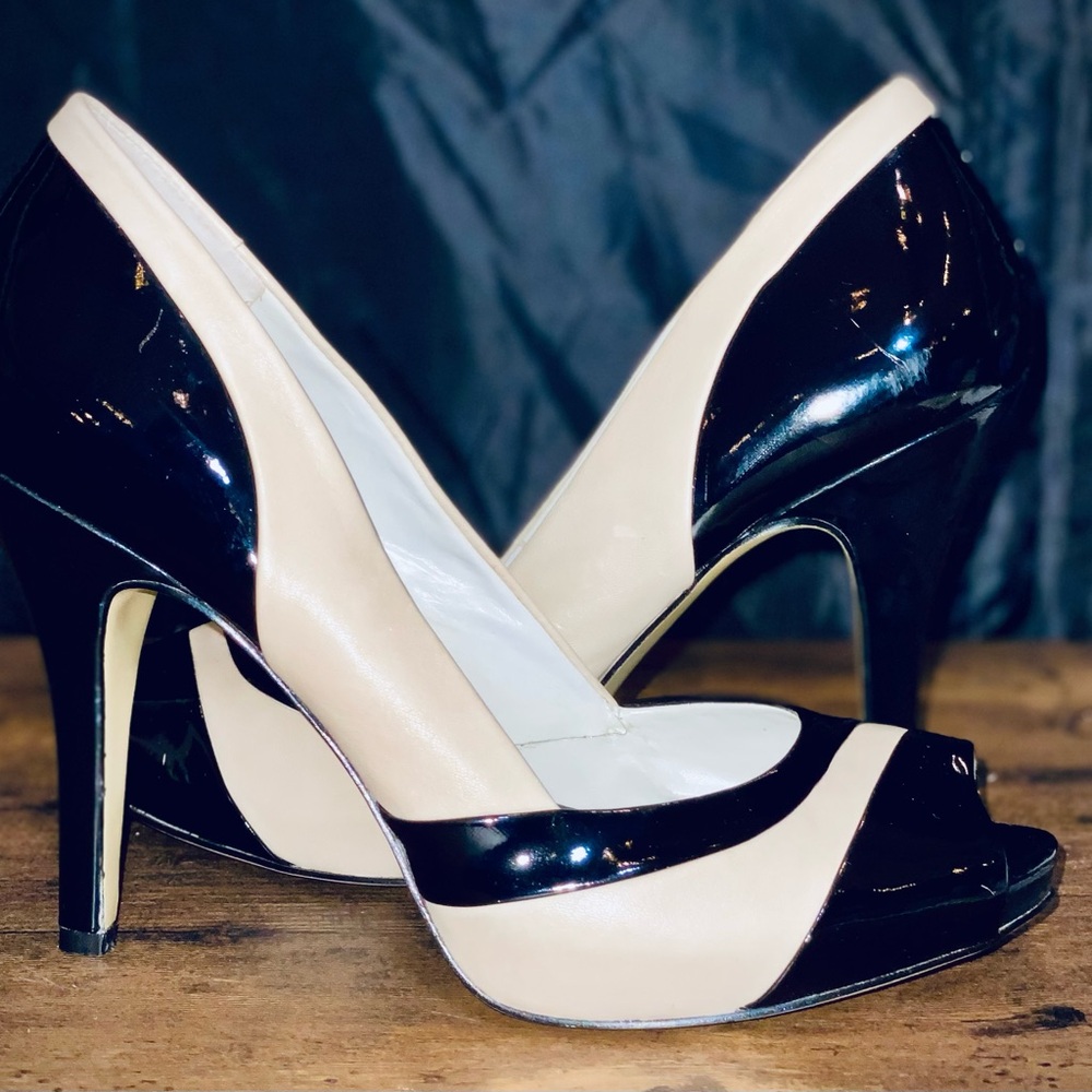 Nine West Black and Nude Patent Peep-Toe Stilettos